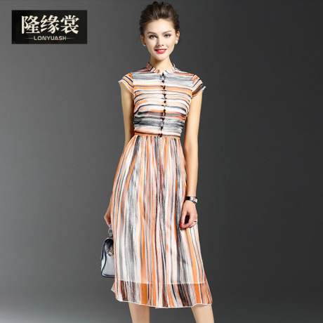 隆缘裳2017夏季新品时尚条纹修身显瘦中长大摆真丝连衣裙子女3691商品大图