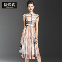 隆缘裳2017夏季新品时尚条纹修身显瘦中长大摆真丝连衣裙子女3691图片