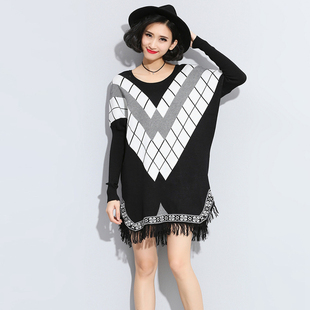 欧美<em>2015秋装</em>新款大码胖女装针织衫长袖拼色