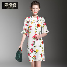 隆缘裳春装2017新款ol通勤时尚五分荷叶袖印花真丝连衣裙女夏2925图片