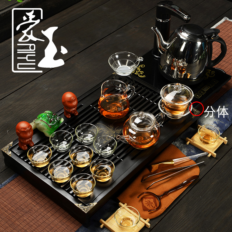 爱玉 玻璃茶具套装特价包邮小茶盘整套实木茶台茶道茶海带电磁炉