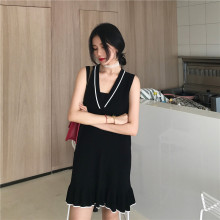 韩版 背心A字裙子918 撞色V领荷叶边针织连衣裙女学生无袖 新款 夏装
