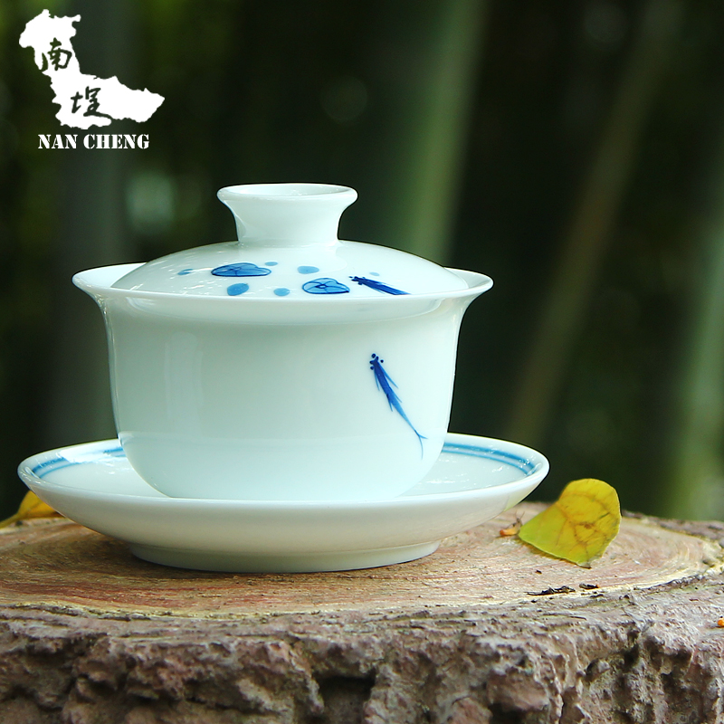 南埕品牌三才盖碗 纯手绘三鱼图高白瓷茶备 陶瓷功夫茶具茶道配件