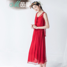 茵曼女装2017夏装新款文艺无袖桑蚕丝连衣裙中长裙真丝裙背心裙子图片