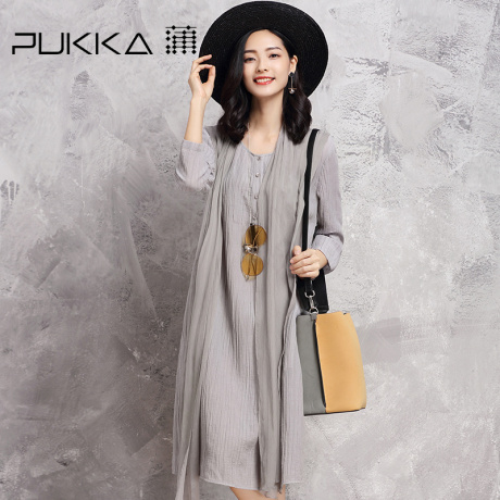 Pukka/蒲牌春秋装新款原创设计女装褶皱拼接真丝棉麻连衣裙商品大图