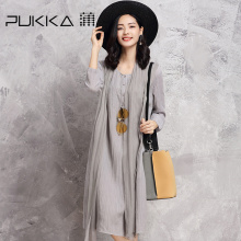 Pukka/蒲牌春秋装新款原创设计女装褶皱拼接真丝棉麻连衣裙图片