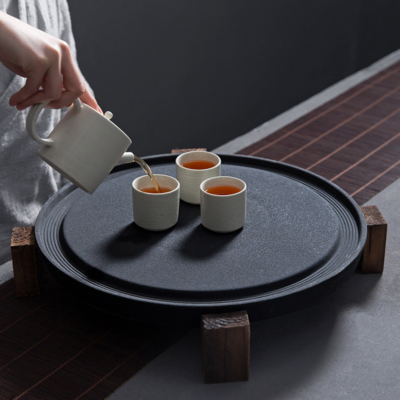 石磨粗陶茶盘圆形陶瓷茶海茶台功夫茶具套装大号壶承储水蓄水排水