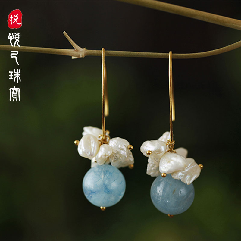 花开半夏/天然海蓝宝珍珠925纯银镀金手工耳环