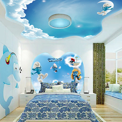 大型壁画墙纸客厅卧室背景墙儿童房天花板房顶顶棚壁纸星空蓝精灵