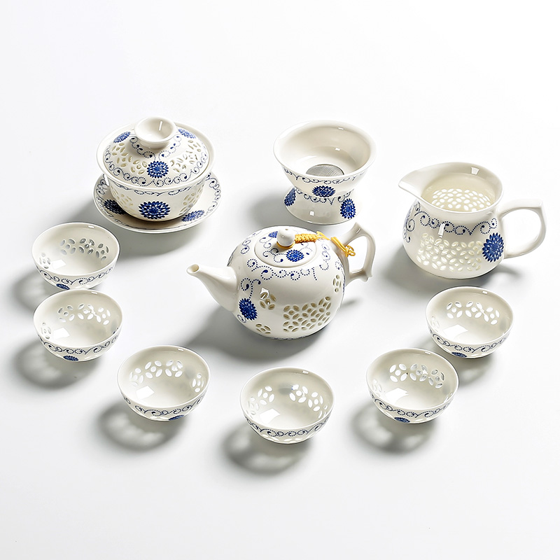 缘宿 精品青花瓷玲珑镂空陶瓷功夫茶具水晶蜂窝茶壶茶杯整套
