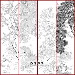 高清大图电子版本图白描 彩图工笔画底线描稿花鸟 春夏秋冬四条屏