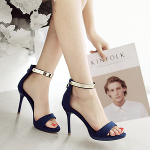 绒面一字扣性感露趾防水台女鞋