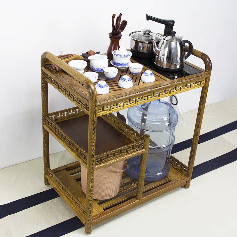 鸡翅木茶车移动带轮 功夫茶具茶盘实木茶桌电磁炉泡茶台柜套装