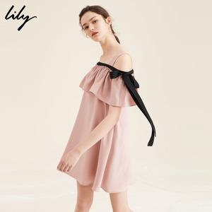 Lily2017夏新款女装一字领飘带荷叶边连衣裙117239C7913女装