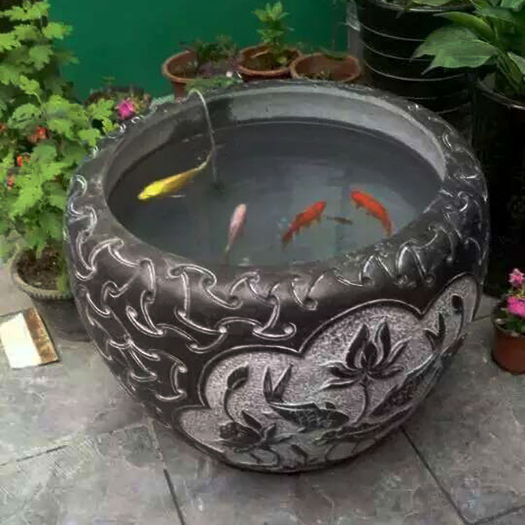 石雕鱼缸花盆庭院家用石缸仿古青石圆荷花盆天然石头水槽造景摆件