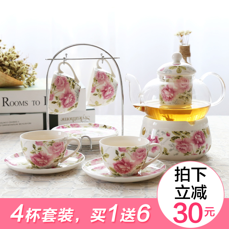 欧式下午茶茶具田园水果茶陶瓷茶杯蜡烛加热底座煮花茶壶套装玻璃