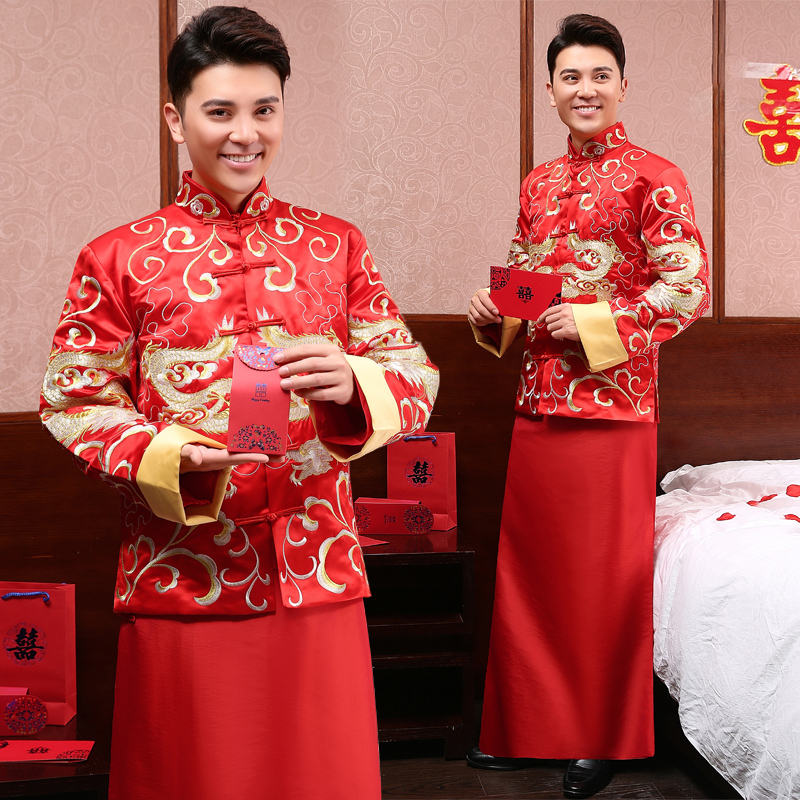 2015新款秀禾服男士新郎中式结婚礼服红色中山装改良唐装古装秀禾