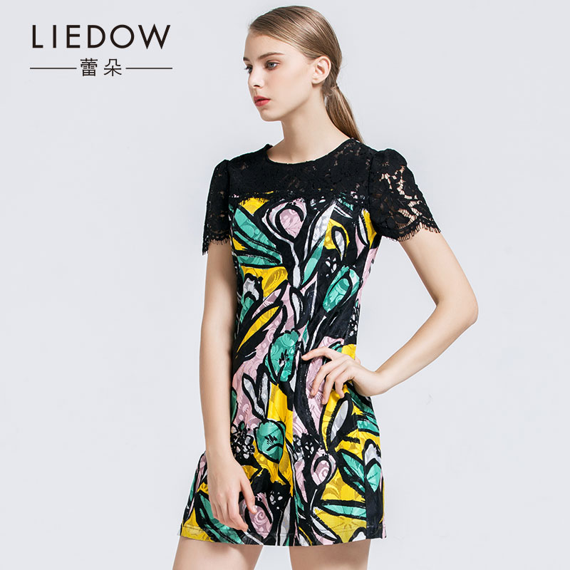 liedow/蕾朵2017春装新款女装 时尚短款印花百搭蕾丝短袖连衣裙女