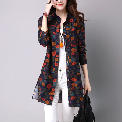 棉麻长袖印花衬衫女开衫显瘦民族风2016秋季