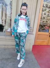 春秋新款连帽开衫休闲套装运动服女款个性印花运动套装女春款2017