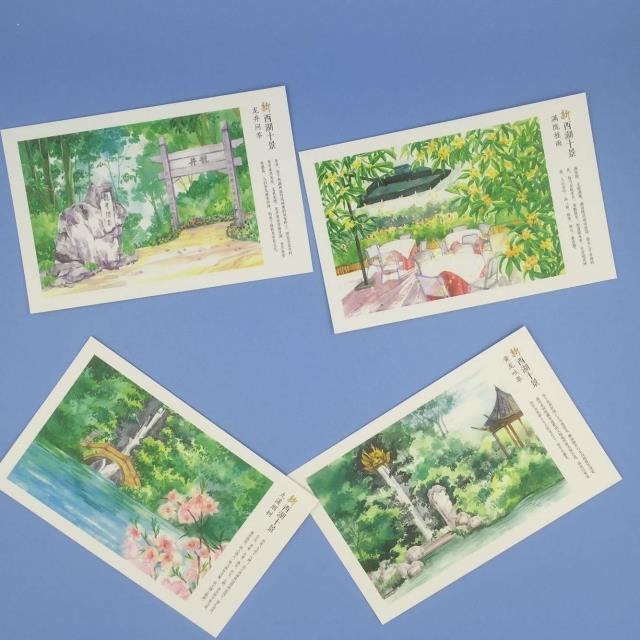 醉西湖手绘明信片杭州西湖十景风景明信片旅游纪念品卡片 包邮