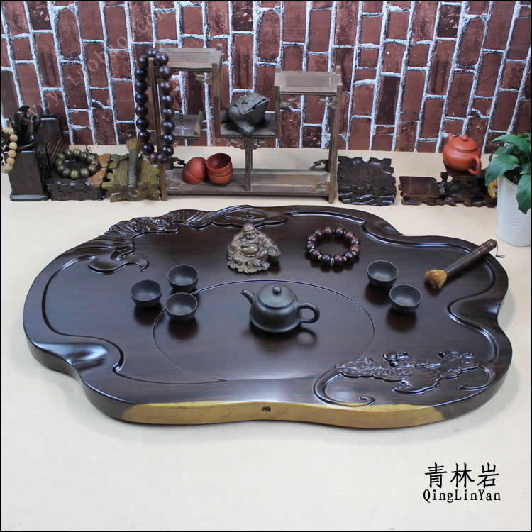 青林岩 黑檀木茶盘  包邮整块原木实木茶盘功夫茶具茶海茶台 双福