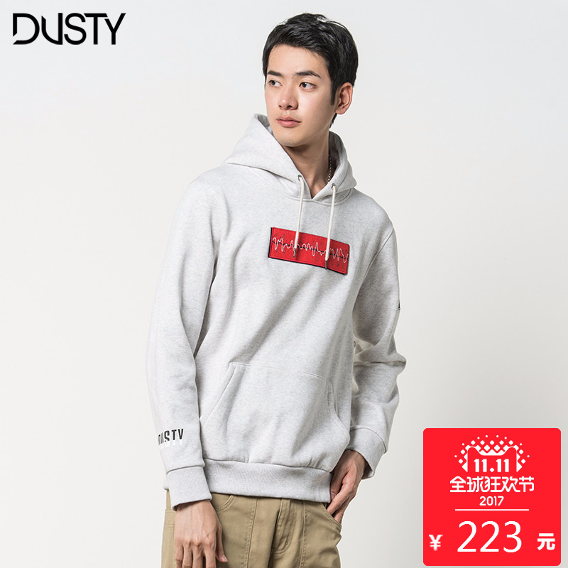 dusty潮牌男装秋冬季加绒连帽套头时尚魔术贴绣花章浅灰运动卫衣