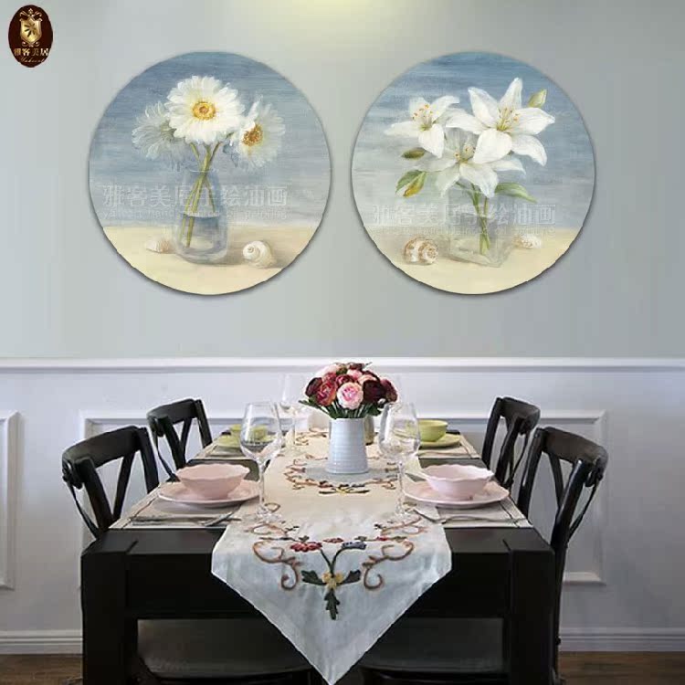 清新淡雅圆形画窗前花卉三联组合拼套装饰画咖啡餐厅玄关手绘油画