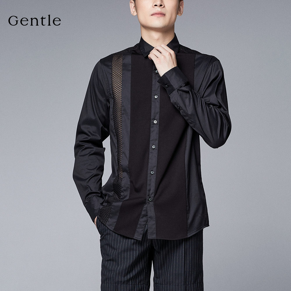 gentle/爵度合体版春季男装 商场同款纯色简约方领长袖衬衫上衣棉