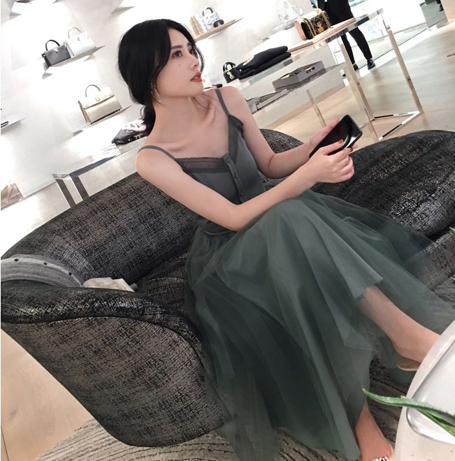 2017夏装新款蕾丝边v领吊带连衣裙网纱裙显瘦chic长裙女装裙子