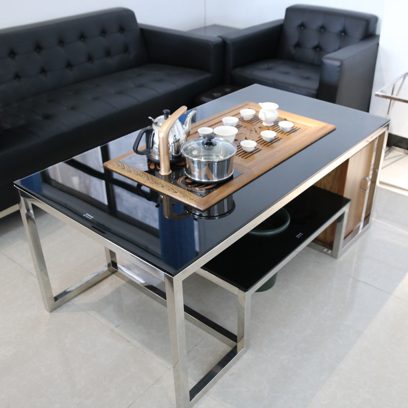 办公室会客沙发中间的长茶几小茶桌不锈钢脚架钢化玻璃7301