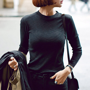 纯色竹节棉长袖t恤打底衫