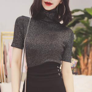 新款修身套头高领亮丝上衣