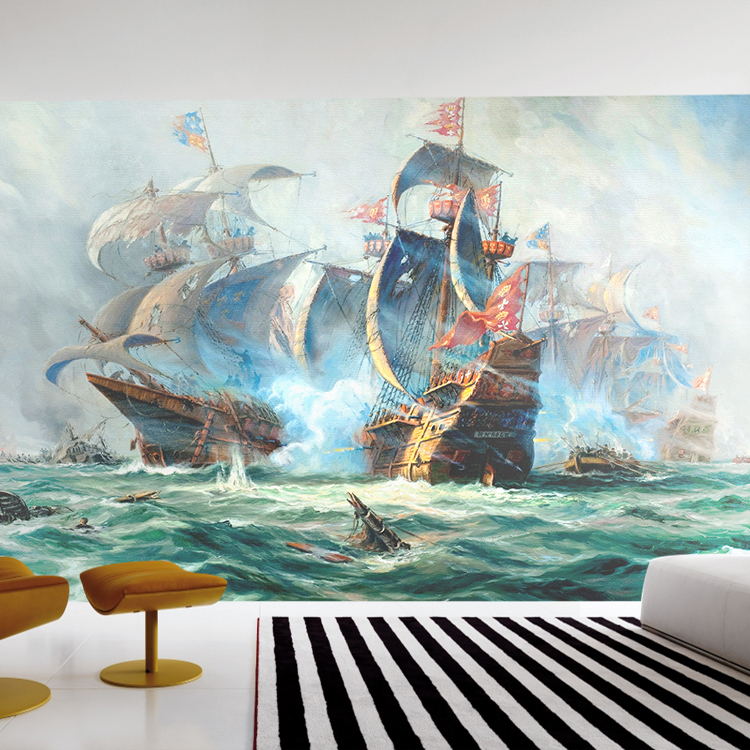 欧式复古油画海盗船墙纸酒吧饭店咖啡厅网吧帆船壁画海洋战争壁纸