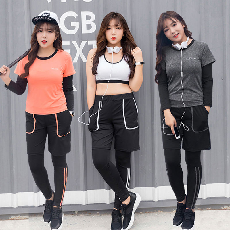 加肥加大码运动套装女健身房室外跑步速干胖mm显瘦瑜伽服短袖春夏