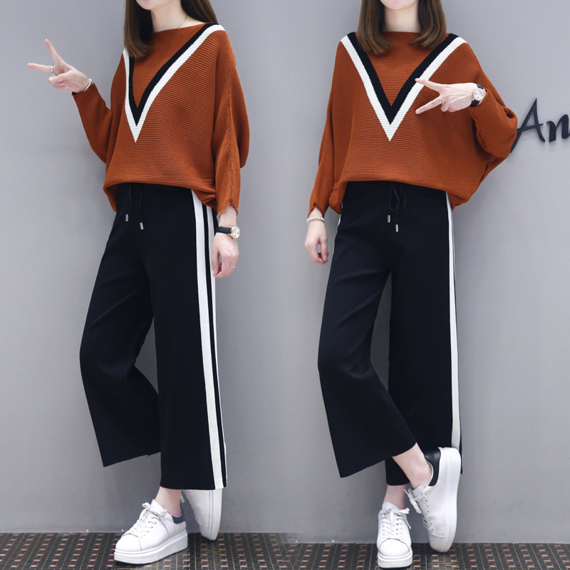 欧洲站2017春秋季新款撞色毛衣女装时尚气质阔腿裤针织两件套装潮