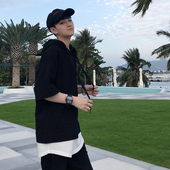 1CHEN /夏季欧美日系假两件宽松运动休闲连帽抽绳短袖套头T恤男潮