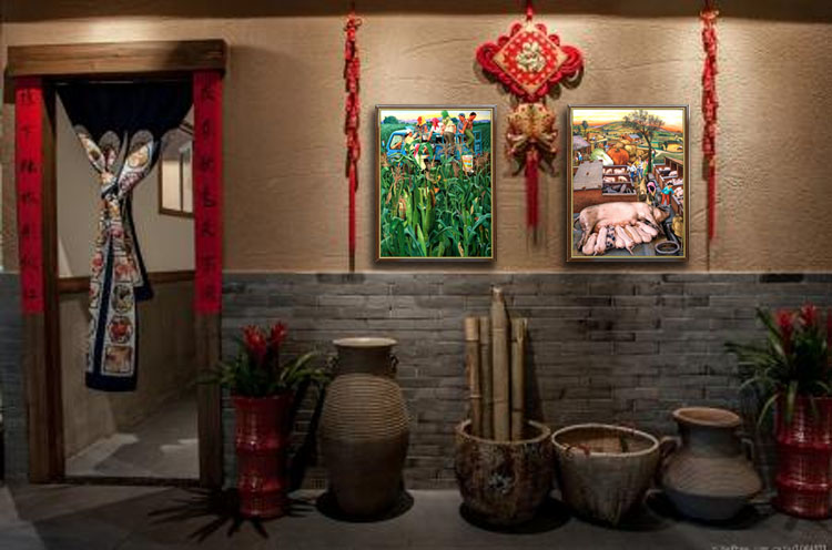 东北民俗画 农家院挂画 北方农村田园农民丰收农家乐饭店 装饰画