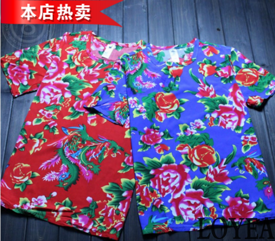 东北大红花 明星同款 包邮张馨予红花棉袄印花男女衣服短袖t恤