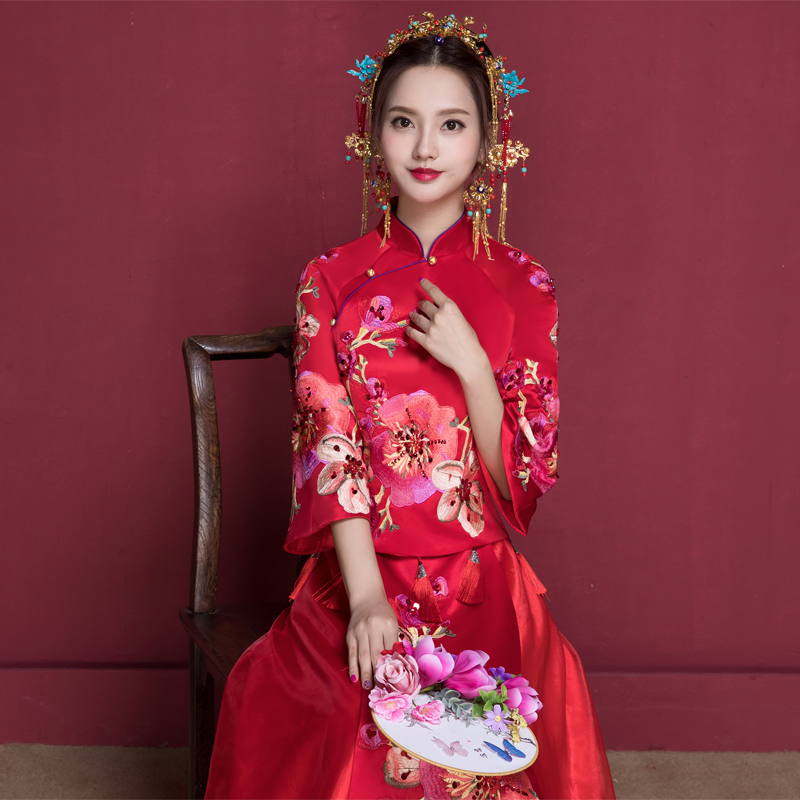 琅慕新款秀禾服新娘结婚红色礼服敬酒服中式婚礼长袖旗袍裙秀和服