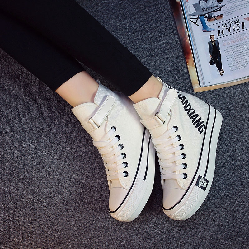 2016新款魔术贴黑白色高帮帆布鞋女内增高学