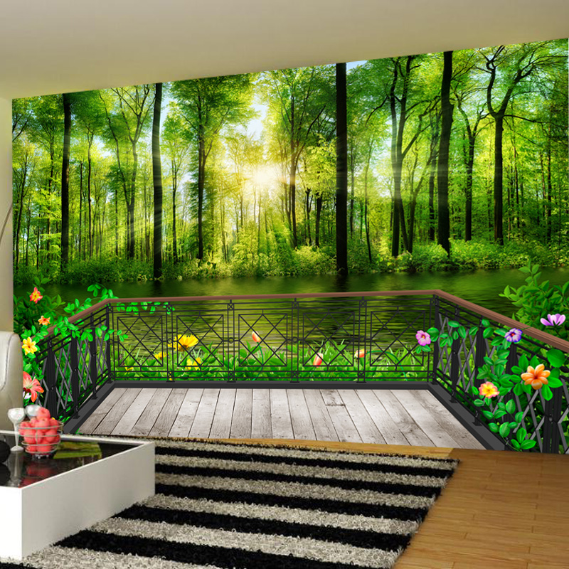 大自然风景绿树林阳台 3d立体大型壁纸壁画 客厅沙发卧室背景墙纸