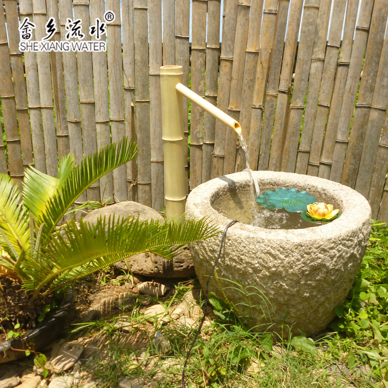 白竹日式假山流水喷泉摆件园林景观庭院造景石槽鱼缸竹子流水器