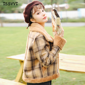 格子加绒毛呢短款外套