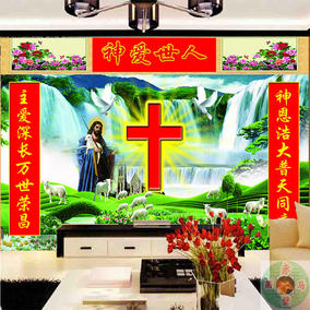 无缝整张壁画欧式牧羊十字架耶稣基督教教堂酒店客厅卧室墙纸墙布