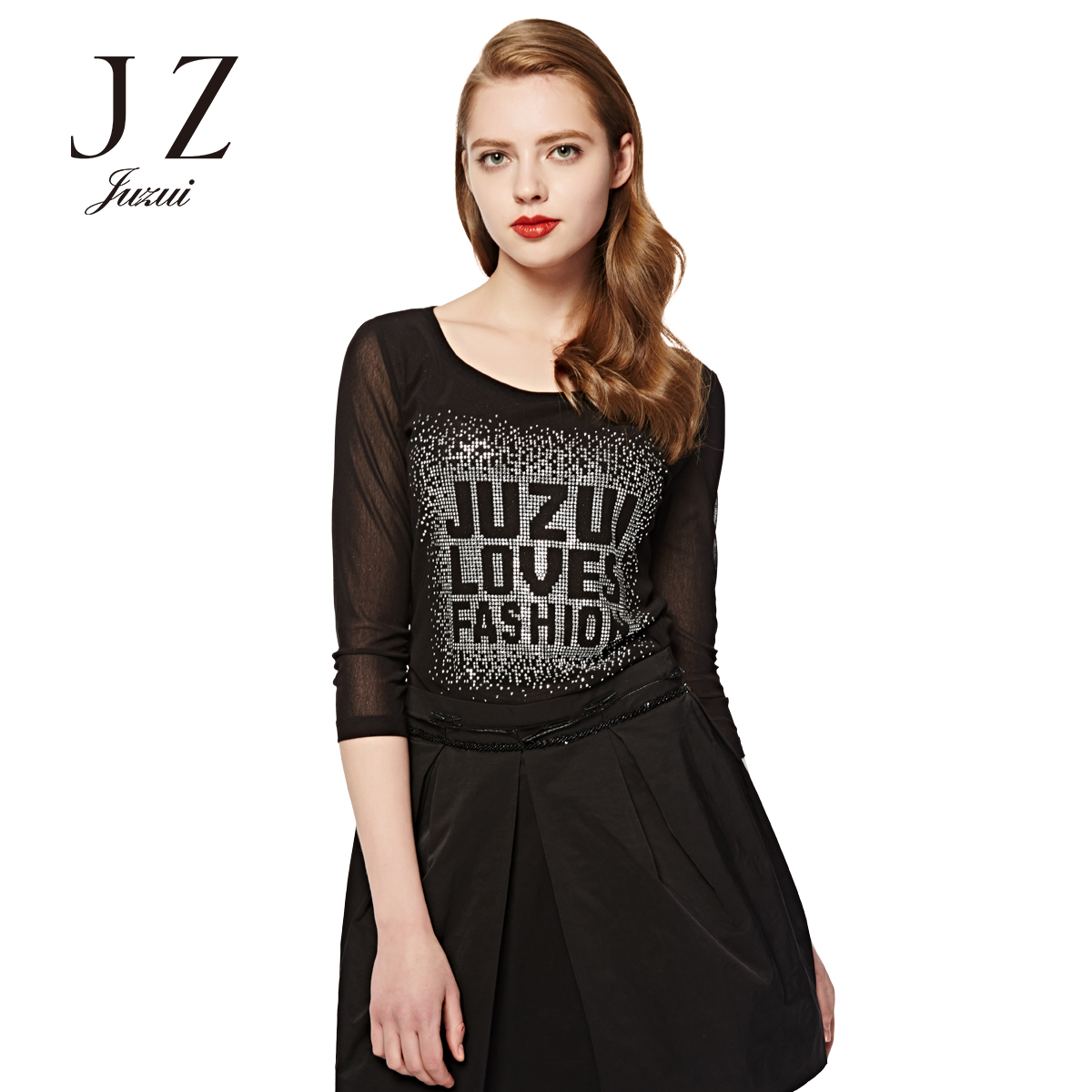juzui玖姿集市店女装2017春款时尚logo针织百搭圆领中袖t恤