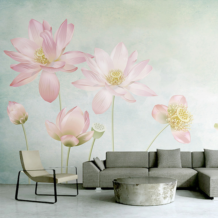 定制墙布客厅电视背景墙新中式唯美手绘荷花卧室壁画沙发背景墙纸