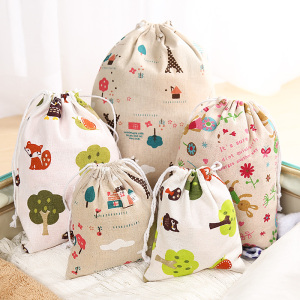 印花棉麻抽绳束口袋