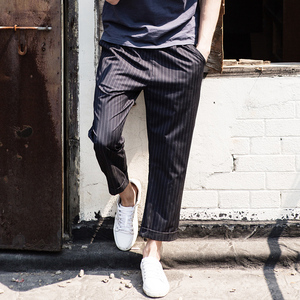 青年英伦复古竖条纹九分裤
