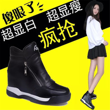 侧拉链高帮短靴修面皮高跟厚底休闲鞋 2017秋冬新款 内增高坡跟女鞋